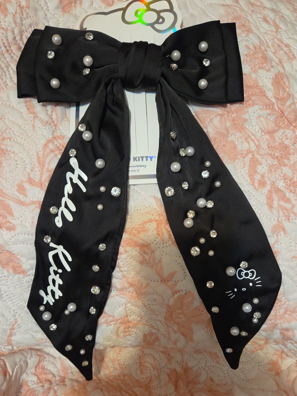 Hello Kitty 50th Anniversary Luxe Black Bow Scarf with Pearls & Rhinestones